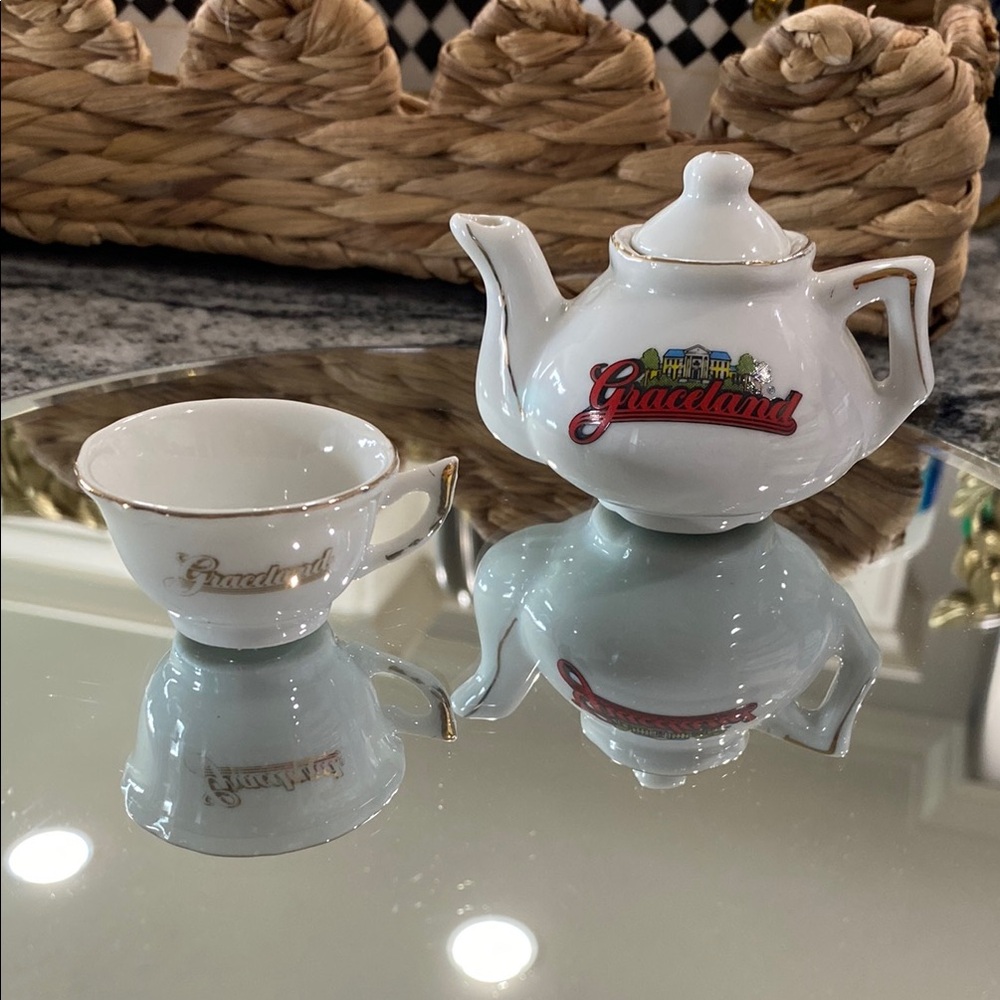 Vintage Elvis Presley Graceland Miniature Porcelain Teapot & Teacup Souvenir Set